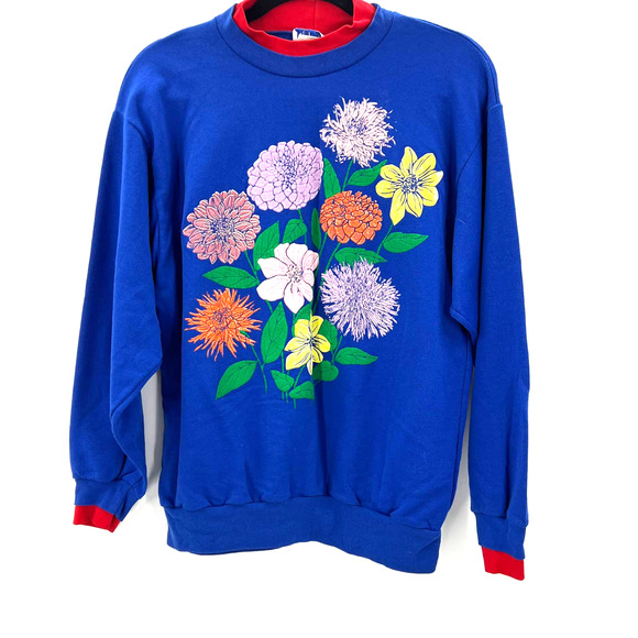 Vintage Tops - Quips Vintage Sweat Shirt Single Stitch Floral Puff Paint Pattern Blue Medium